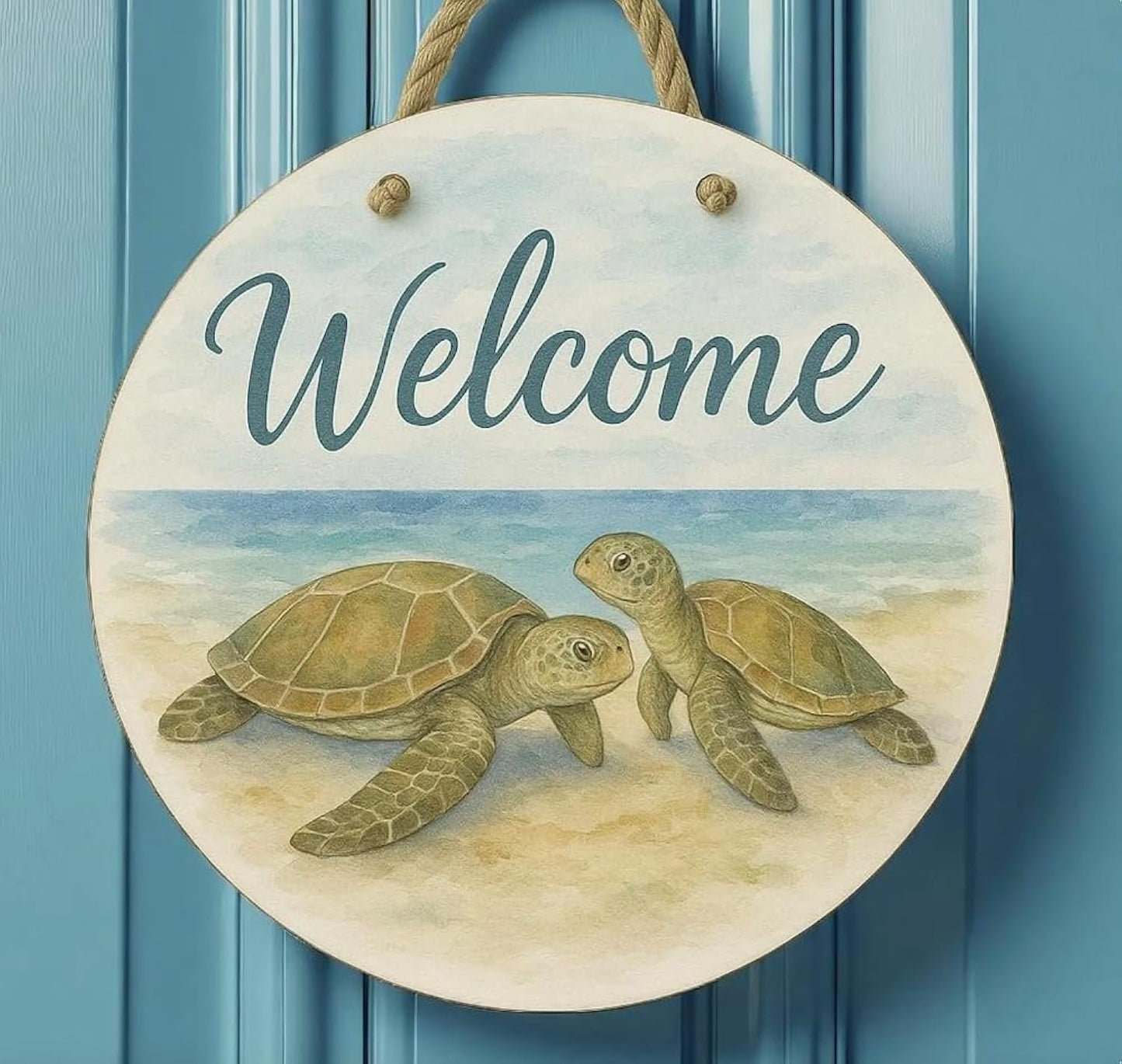 Turtle Front Door Welcome Sign – Nautical Beach Wreath Wall Hanging, Waterproof PVC Outdoor Decor, Coastal Porch Decoration, 16” Round