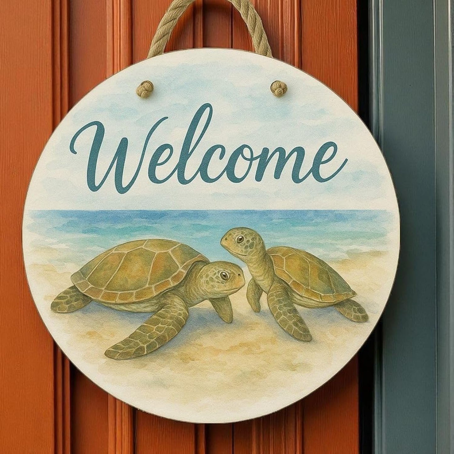 Turtle Front Door Welcome Sign – Nautical Beach Wreath Wall Hanging, Waterproof PVC Outdoor Decor, Coastal Porch Decoration, 16” Round