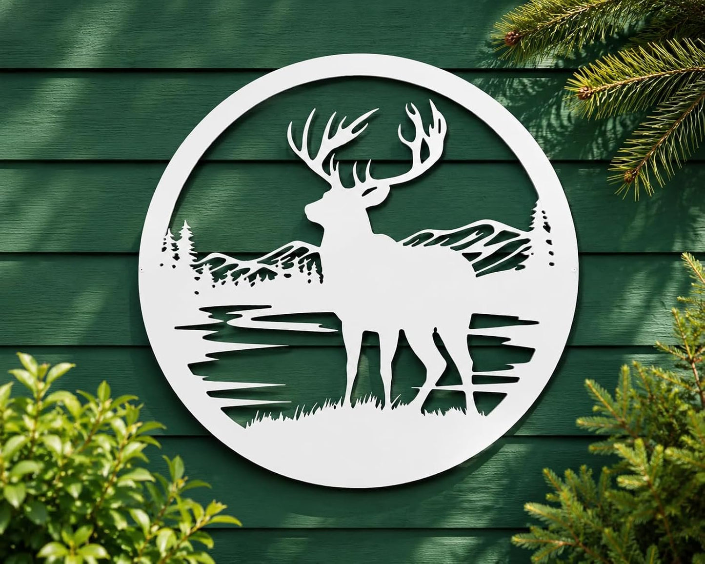 Outdoor Deer Wall Art  Deer Decor for Cabin, Lodge, or Rustic Home Exterior, PVC Wilderness Sign with Mountains and Pine Trees, 36 Inch Round