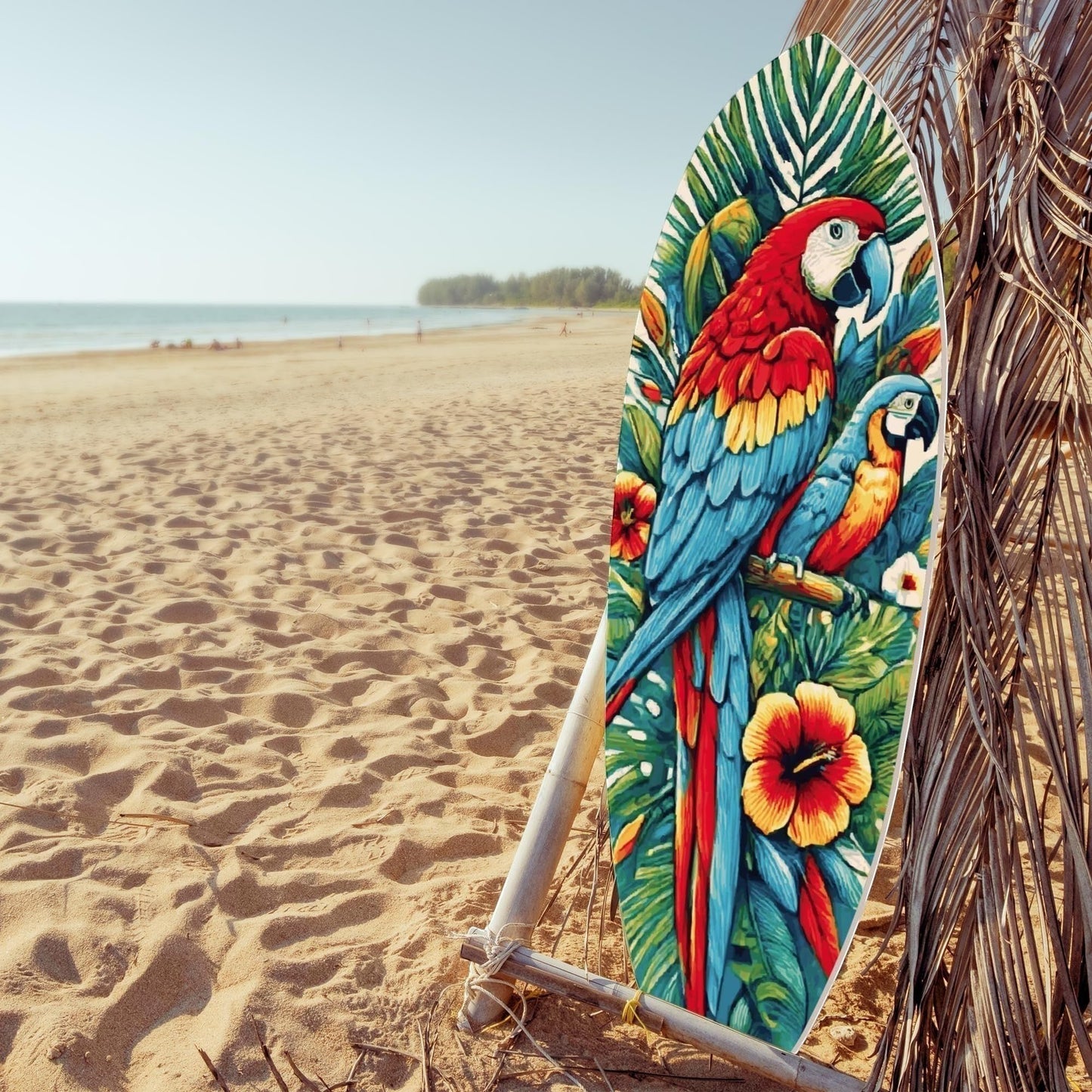Tropical Parrot Surfboard Wall Art | Macaw Coastal Decor | Indoor Outdoor PVC