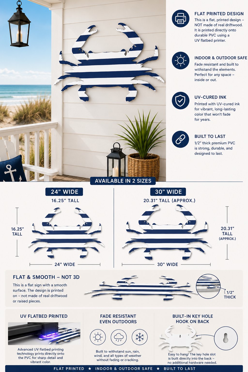 Nautical Cabana Crab Wall Art – Coastal PVC Wall Decor for Indoor & Outdoor Use