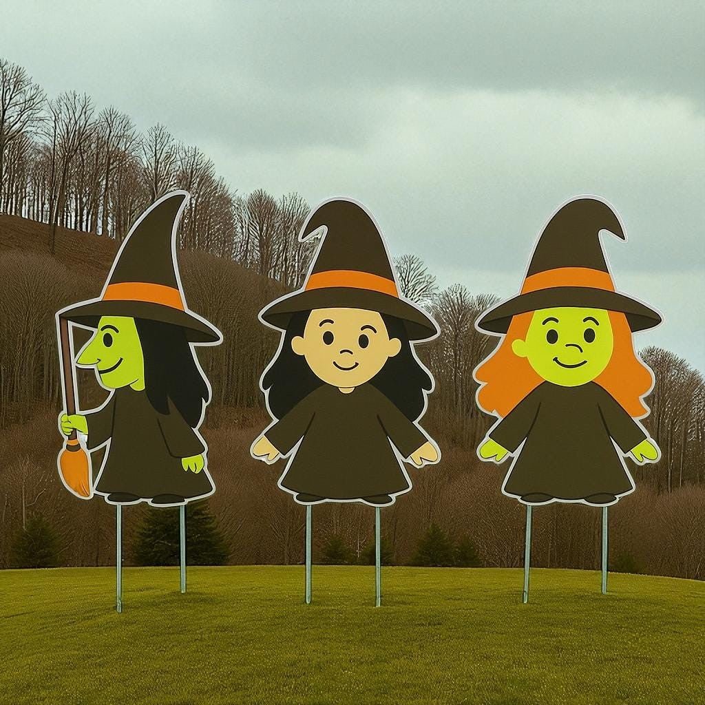 Set of 3 Halloween Witch Yard Stakes – 12” PVC Lawn Decorations, Cute Witches