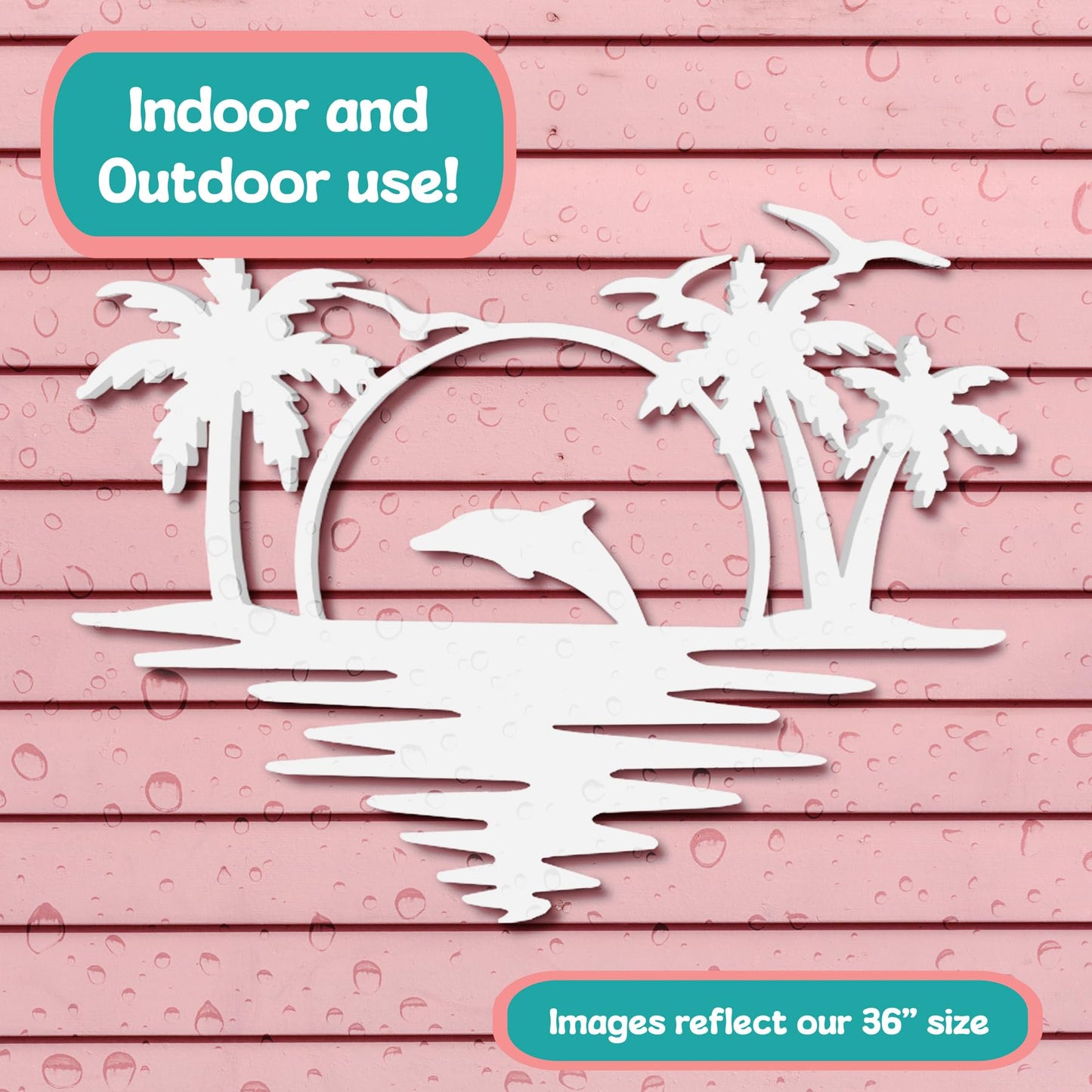 Outdoor Dolphin Wall Art, Coastal Wall Decor for Beach House, White PVC Dolphin Sign with Palm Trees Sunset, Nautical Ocean Decoration