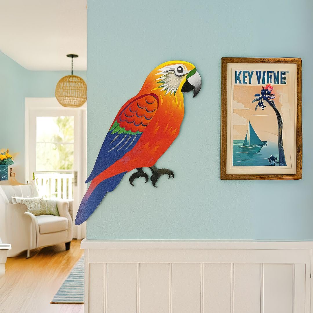 Parrot Wall Decor | Indoor Outdoor Tropical Bird Sign for Patio, Tiki Bar & Beach House