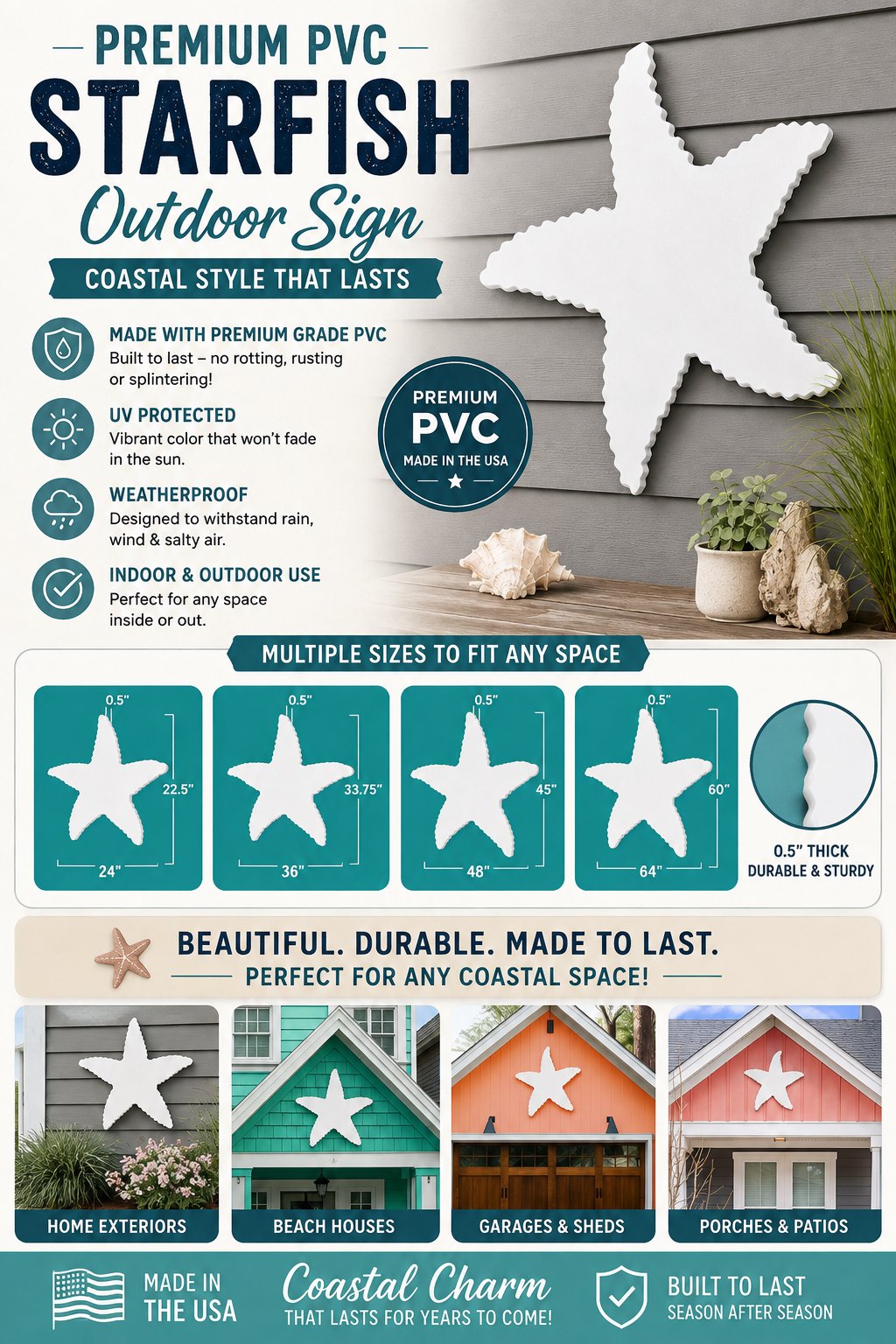 Outdoor Starfish Wall Decor, PVC Starfish Beach House Decoration, Weatherproof Coastal Wall Art for Pool, Shed, Nautical Ocean-Themed Hanging Sign
