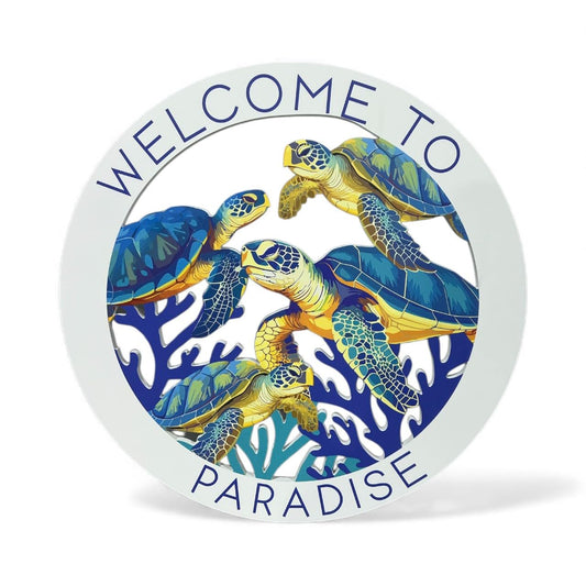 Outdoor Sea Turtle Wall Art - Welcome To Paradise Sign, Beach House Decor, Weather-Resistant PVC Indoor Outdoor