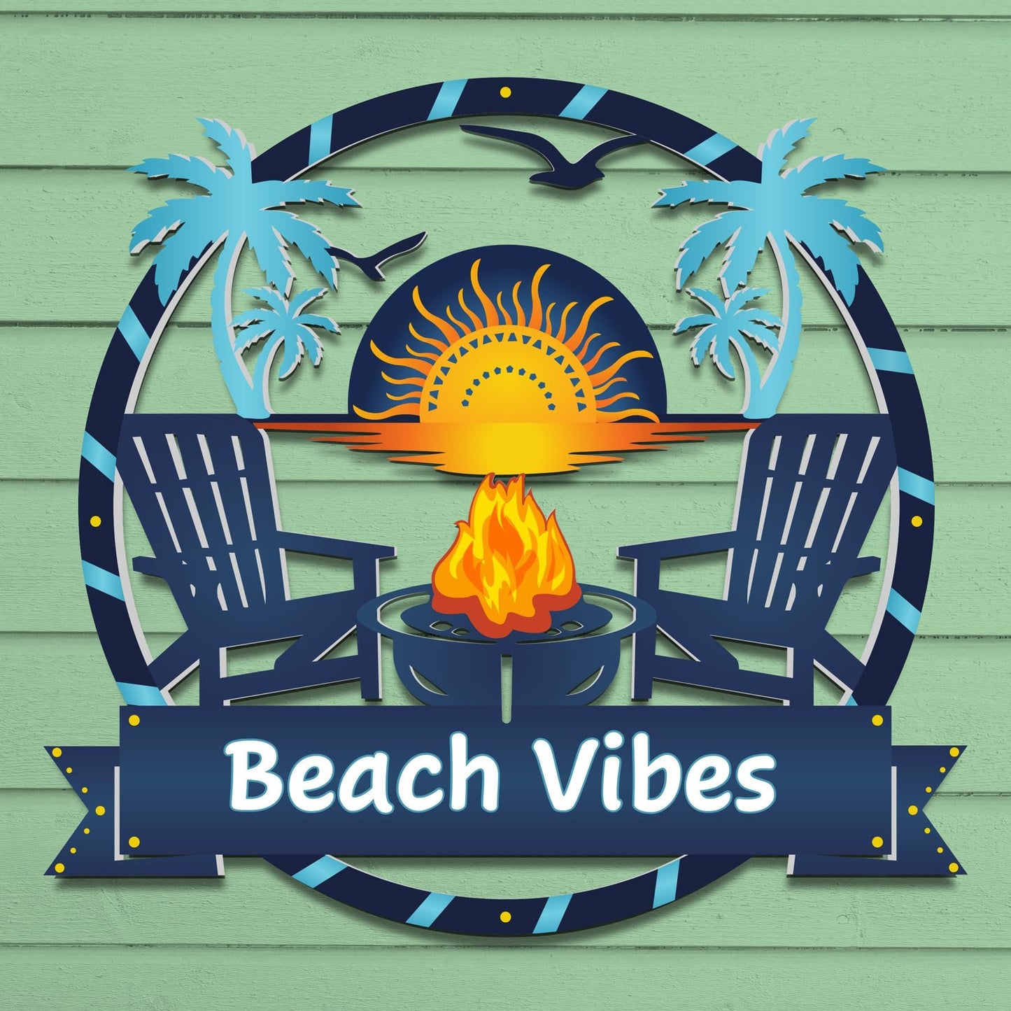 Beach Vibes Outdoor Wall Sign, Coastal Beach House Decor, Round PVC, 3 Foot