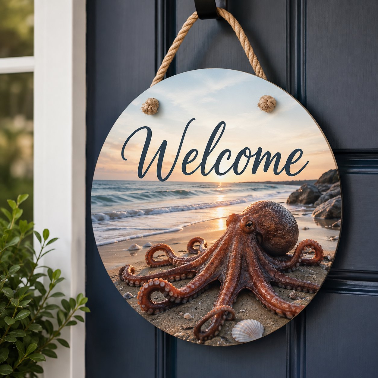 Octopus Welcome Door Hanger, 15-3/4-Inch Round Nautical Beach House Decor Accent