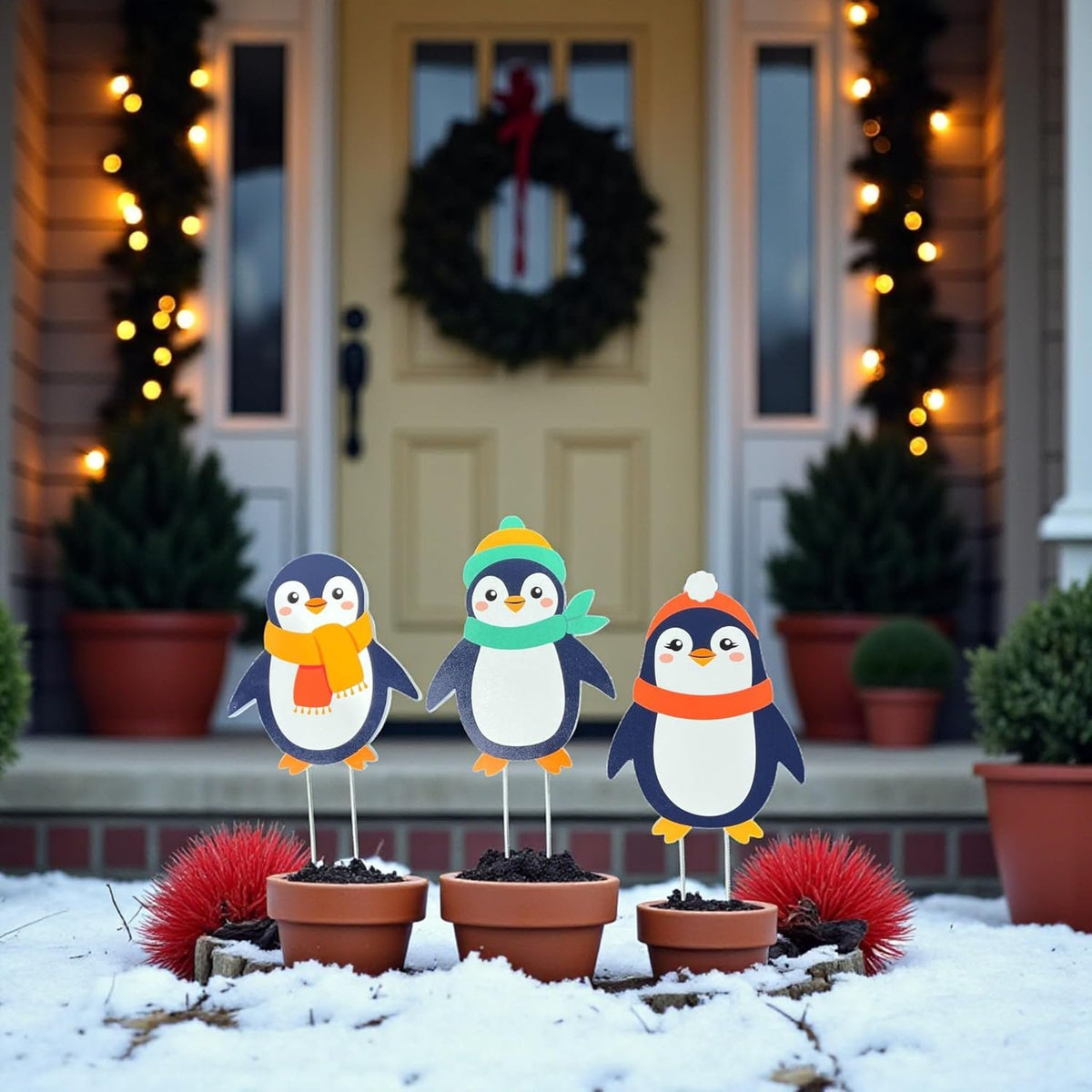 Christmas Penguins Yard Signs Set of 3, Outdoor Holiday Decorations with Stakes