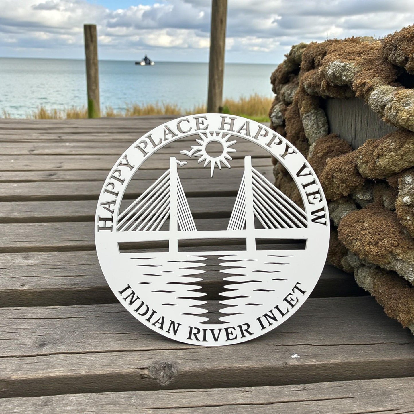 Delaware Coastal Wall Art, Happy Place Happy View Indian River Inlet Bridge Outdoor PVC
