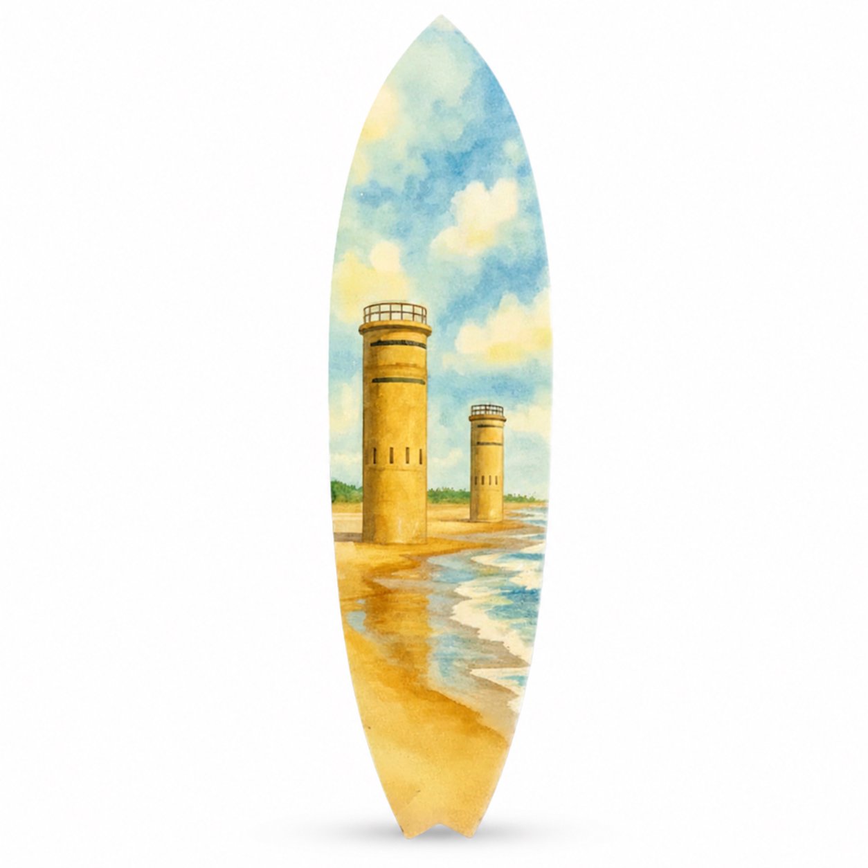 Cape Henlopen Towers Delaware Surfboard, Watercolor Art