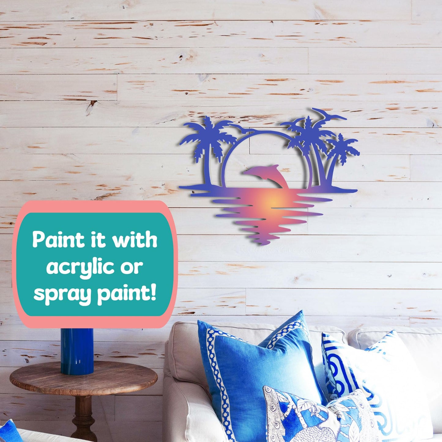 Outdoor Dolphin Wall Art, Coastal Wall Decor for Beach House, White PVC Dolphin Sign with Palm Trees Sunset, Nautical Ocean Decoration