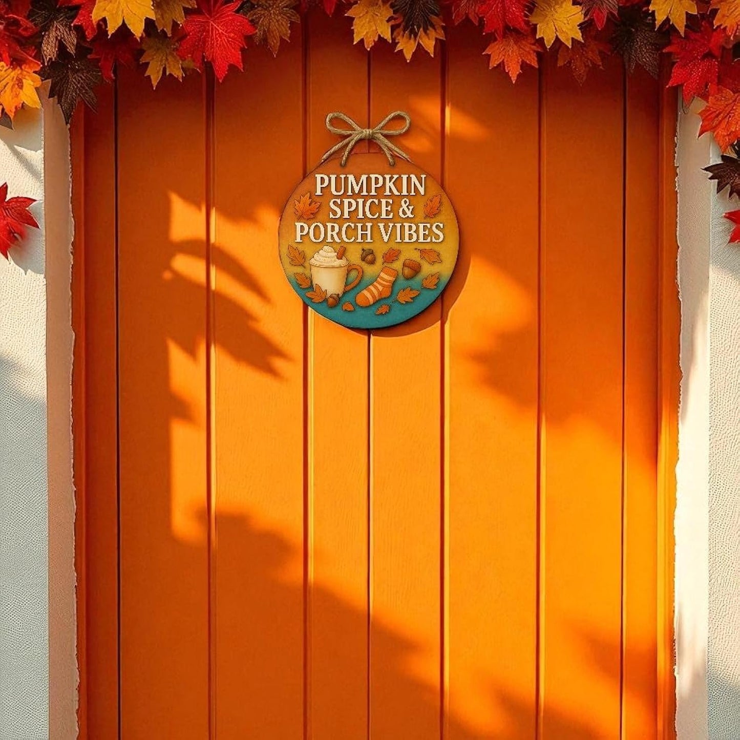 Pumpkin Spice and Porch Vibes Fall Front Door Welcome Sign, Autumn Porch Decor, Outdoor Weather-Resistant PVC Decoration, 16 Inch Round