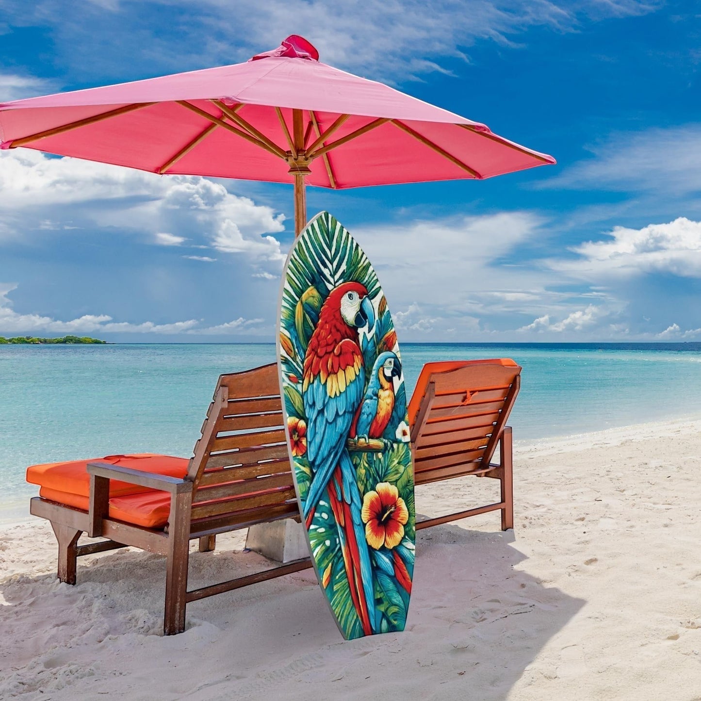 Tropical Parrot Surfboard Wall Art | Macaw Coastal Decor | Indoor Outdoor PVC