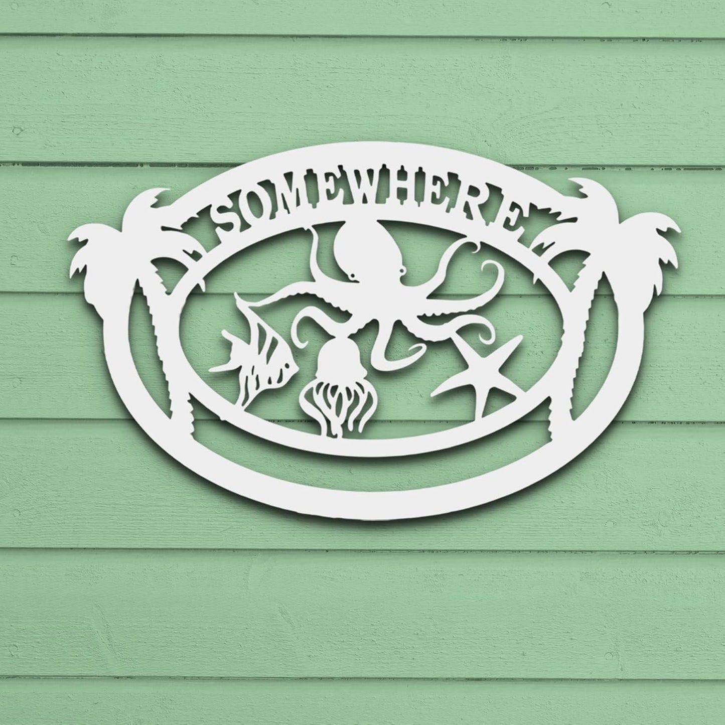Coastal Beach House Decor, Outdoor PVC Wall Art with Octopus Palm Trees Sea Life, Nautical Decoration for Home, Garage, or Shed