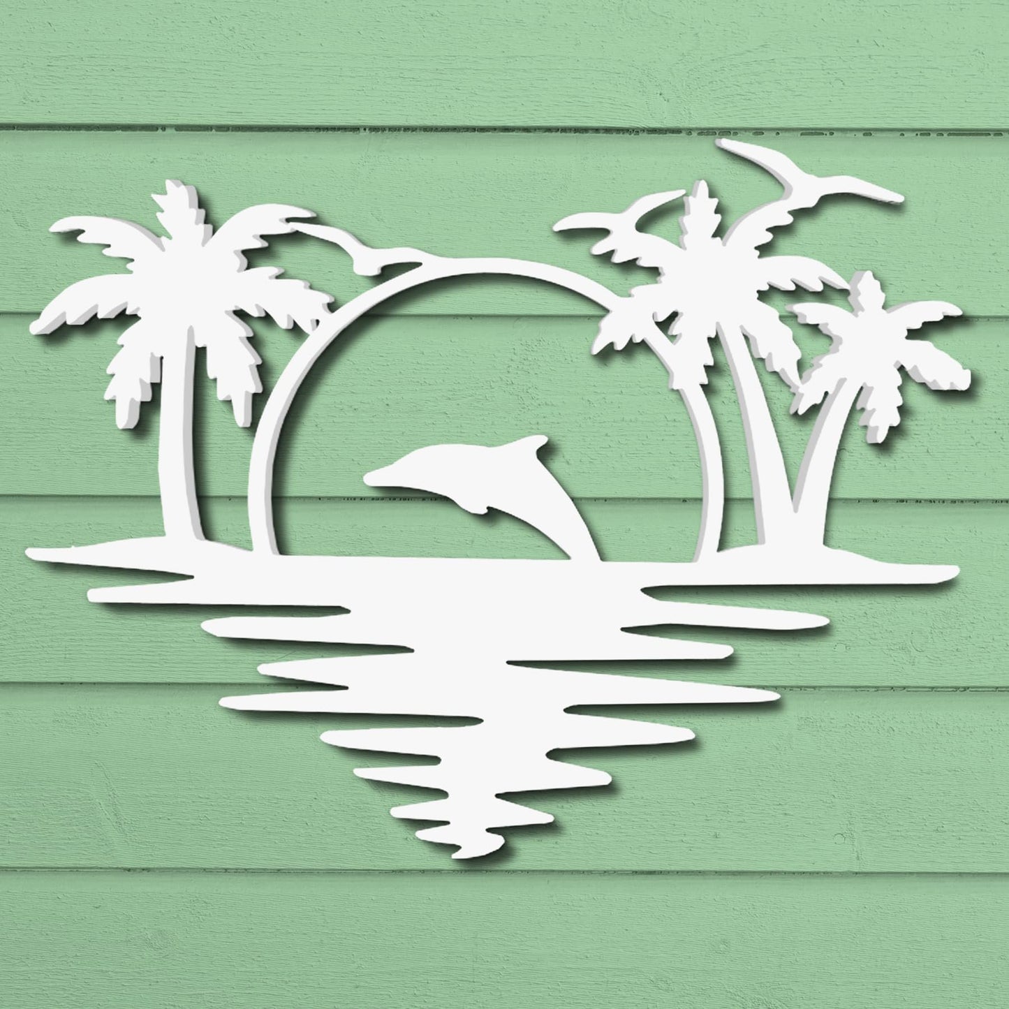 Outdoor Dolphin Wall Art, Coastal Wall Decor for Beach House, White PVC Dolphin Sign with Palm Trees Sunset, Nautical Ocean Decoration
