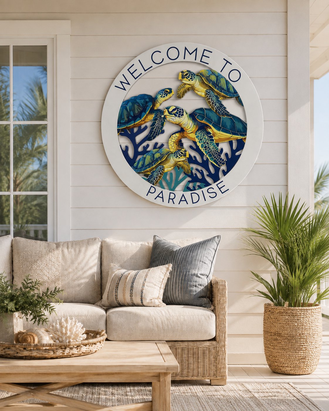 Sea Turtle Welcome to Paradise Sign, Round PVC Beach House Decor, 2-3 FT