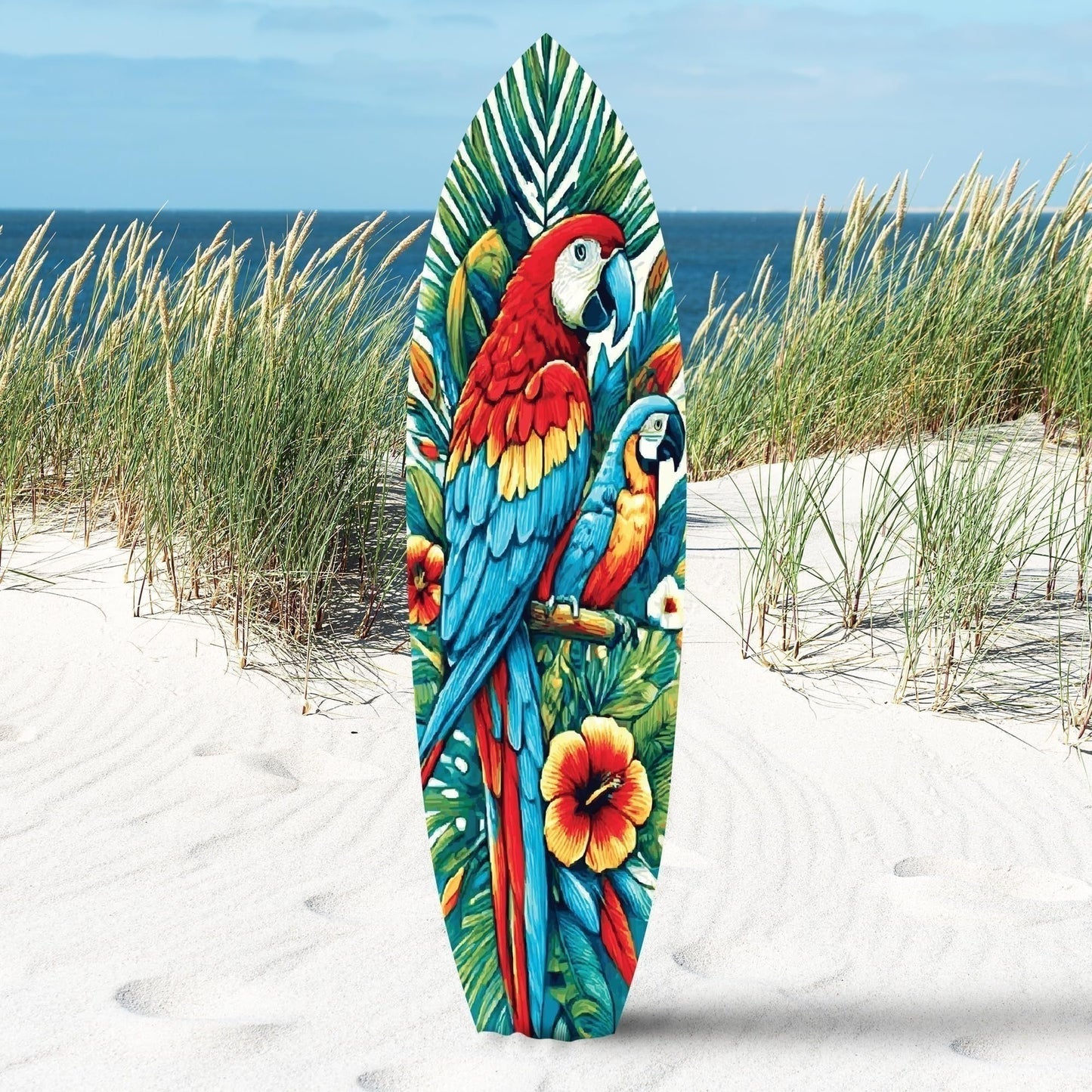 Tropical Parrot Surfboard Wall Art | Macaw Coastal Decor | Indoor Outdoor PVC
