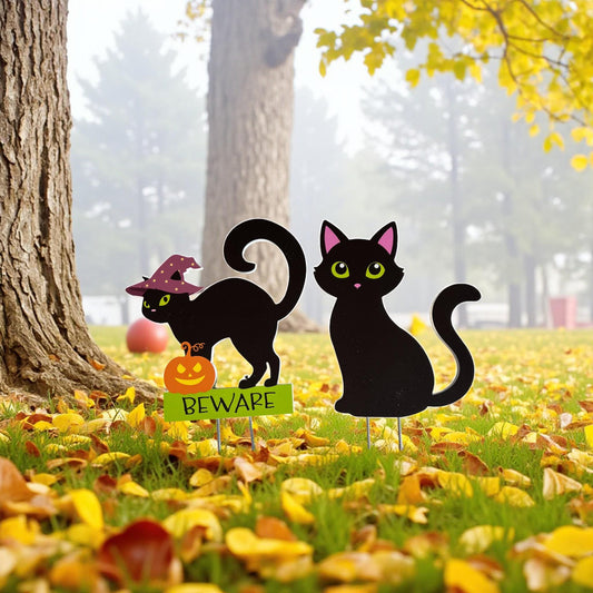 Black Cats Halloween Yard Stakes, Outdoor PVC Fall Decor, Set of 2, Stakes Included
