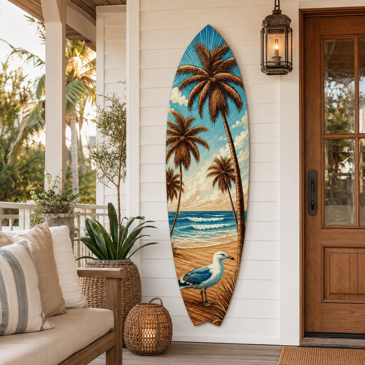 Tropical Beach Surfboard Wall Art | Palm Trees & Waves | Weather-Resistant PVC