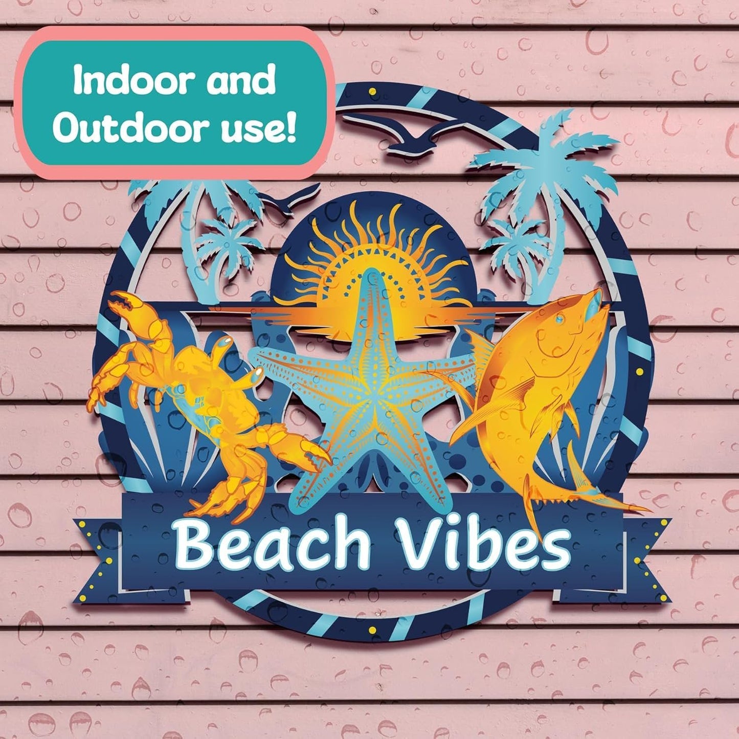 Beach Vibes Outdoor Wall Art Sign, Coastal Beach House Decor, Round PVC, 3 Foot