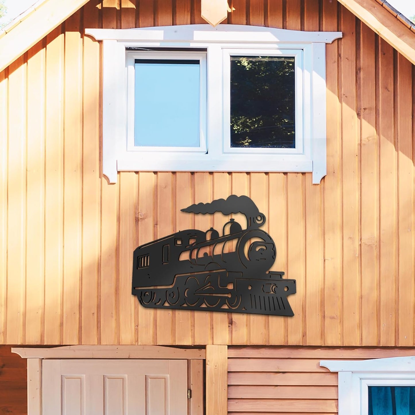 JennyGems Outdoor Train Steam Locomotive Wall Art  Black PVC Railroad Decor  Weatherproof Train Car Sign  Man Cave, Garage, Shed, or Home Decor