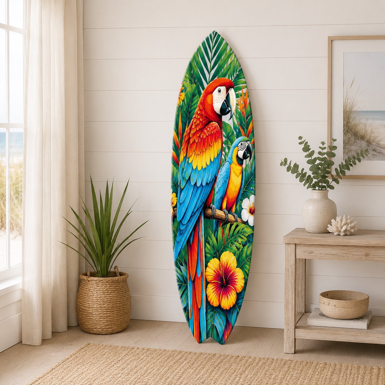 Tropical Parrot Surfboard Wall Art | Macaw Coastal Decor | Indoor Outdoor PVC