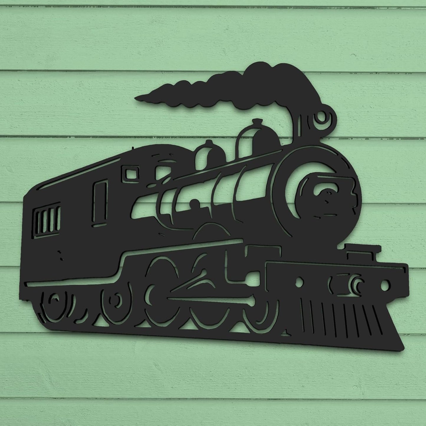 JennyGems Outdoor Train Steam Locomotive Wall Art  Black PVC Railroad Decor  Weatherproof Train Car Sign  Man Cave, Garage, Shed, or Home Decor