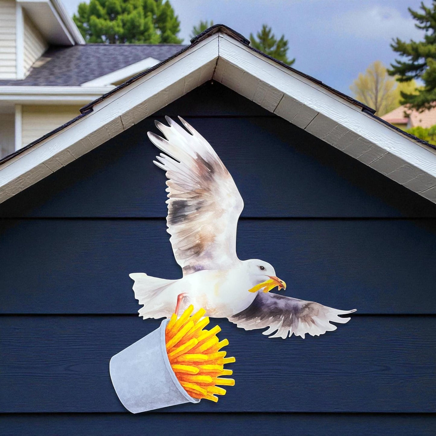 Seagull with French Fries Sign: Outdoor PVC Beach Wall Art, Coastal Decor