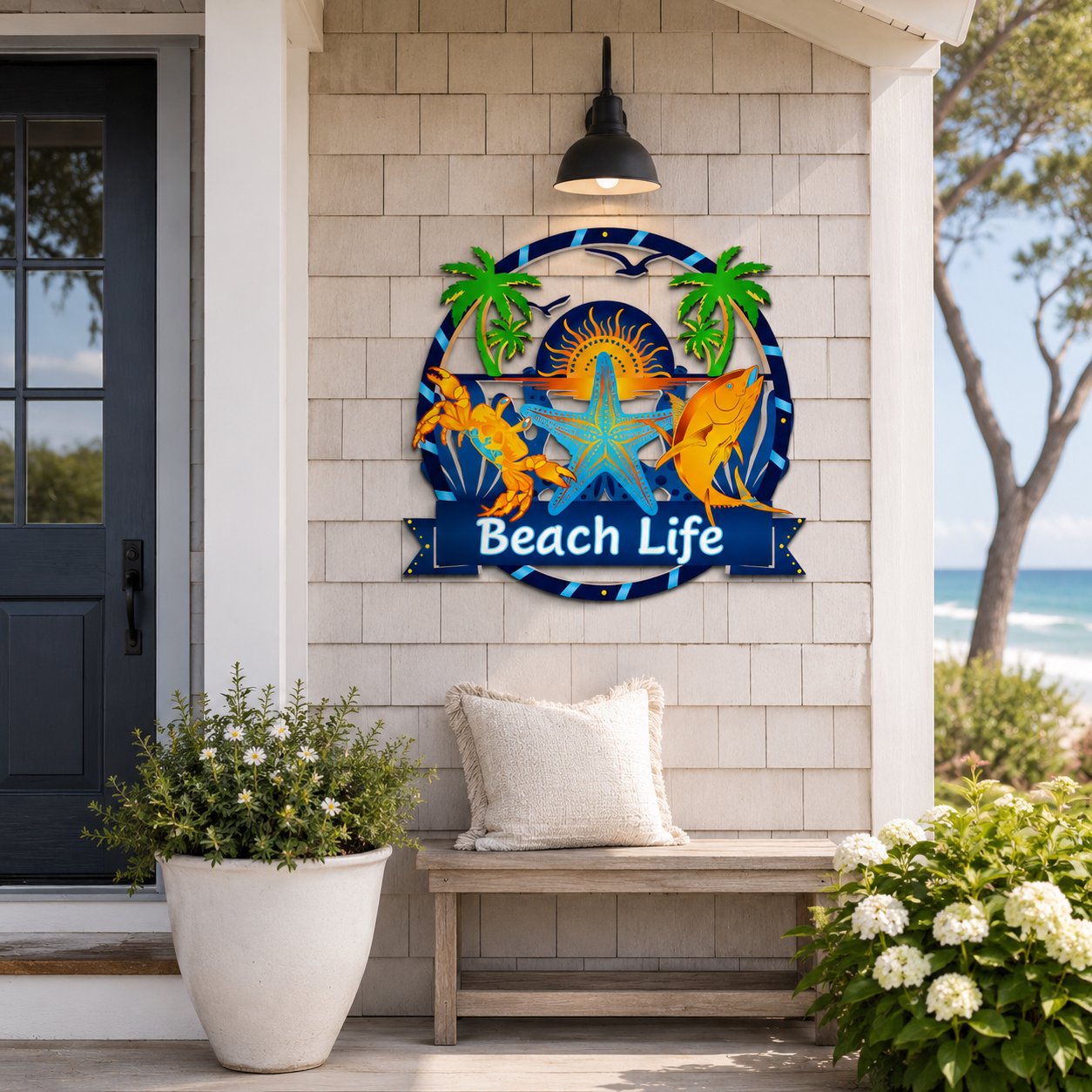 Beach Vibes Outdoor Wall Art Sign, Coastal Beach House Decor, Round PVC, 3 Foot