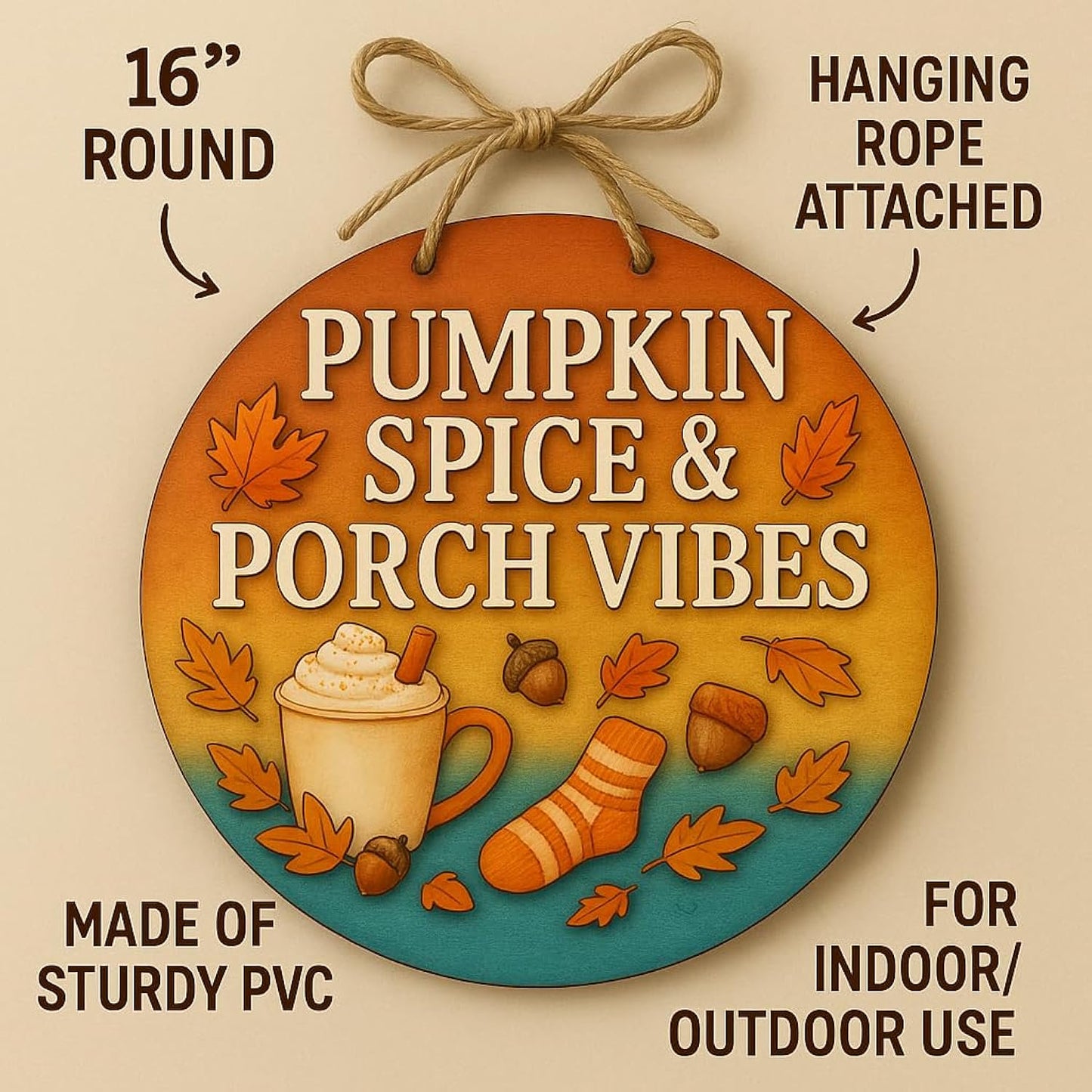 Pumpkin Spice and Porch Vibes Fall Front Door Welcome Sign, Autumn Porch Decor, Outdoor Weather-Resistant PVC Decoration, 16 Inch Round