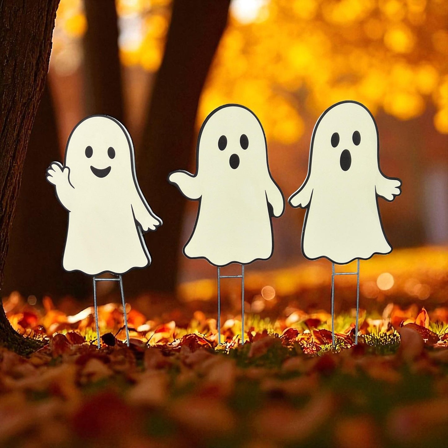 Ghost Yard Signs and Decorations: Outdoor Fall Decor - Set of 3 PVC Halloween