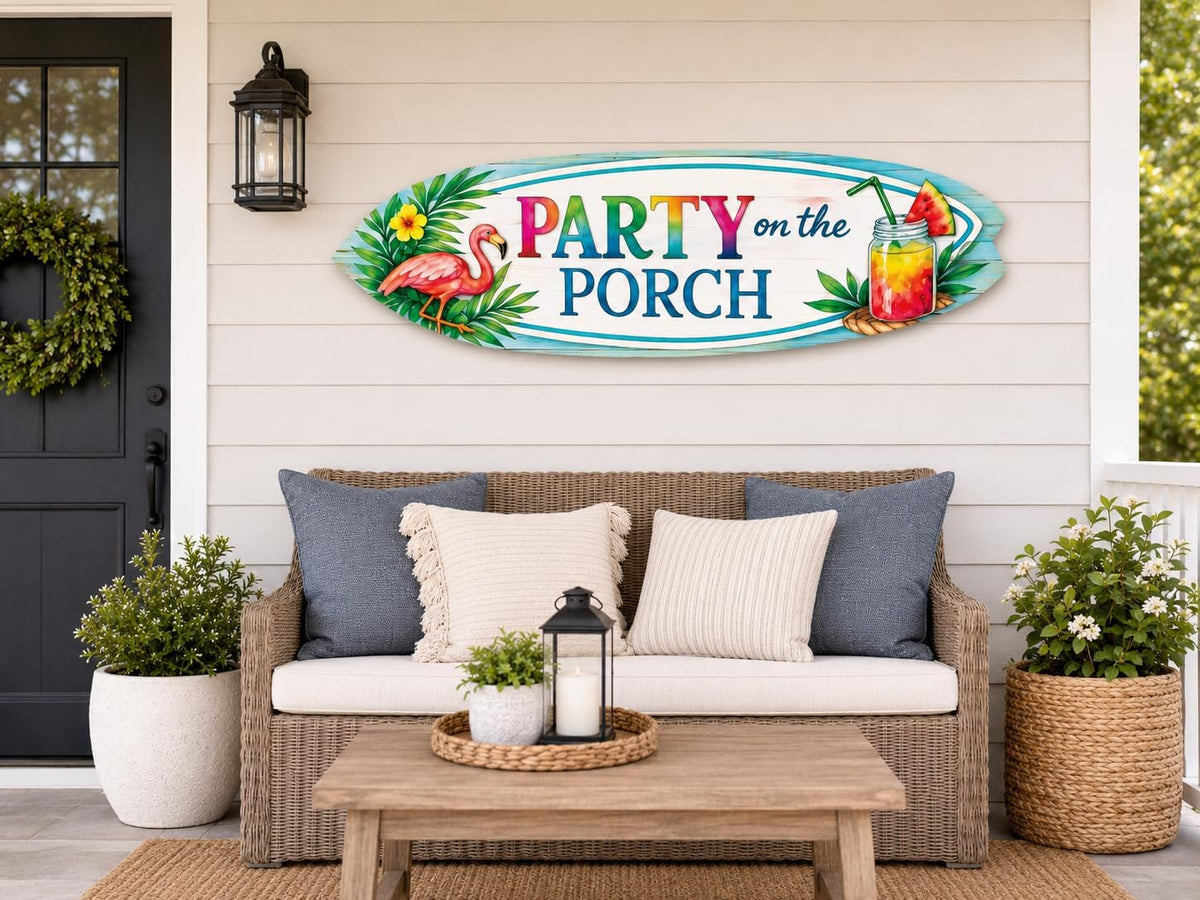 Party on the Porch Surfboard Wall Art, Indoor Outdoor PVC Flamingo Sign