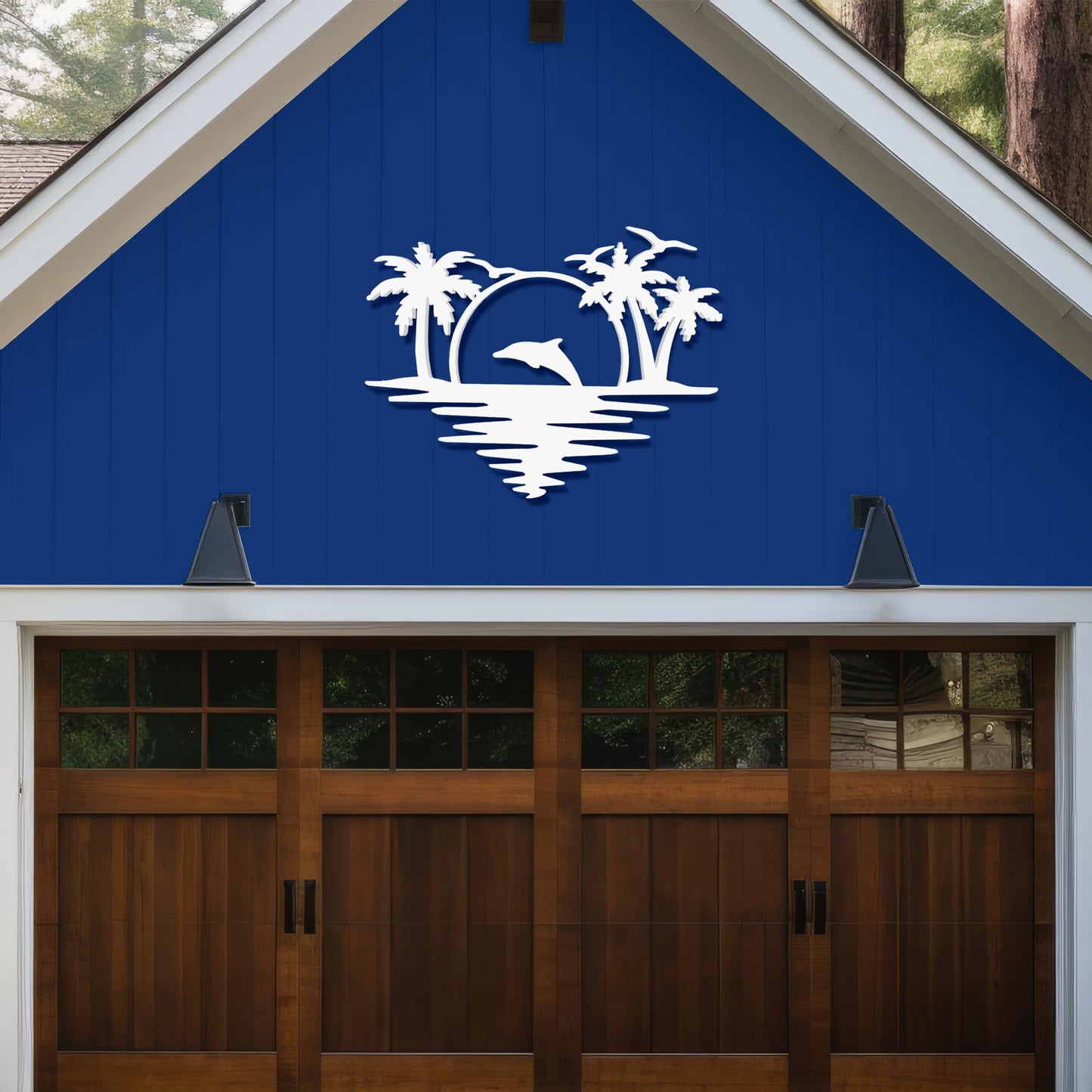 Outdoor Dolphin Wall Art, Coastal Wall Decor for Beach House, White PVC Dolphin Sign with Palm Trees Sunset, Nautical Ocean Decoration