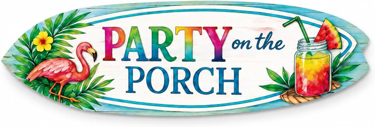 Party on the Porch Surfboard Wall Art, Indoor Outdoor PVC Flamingo Sign