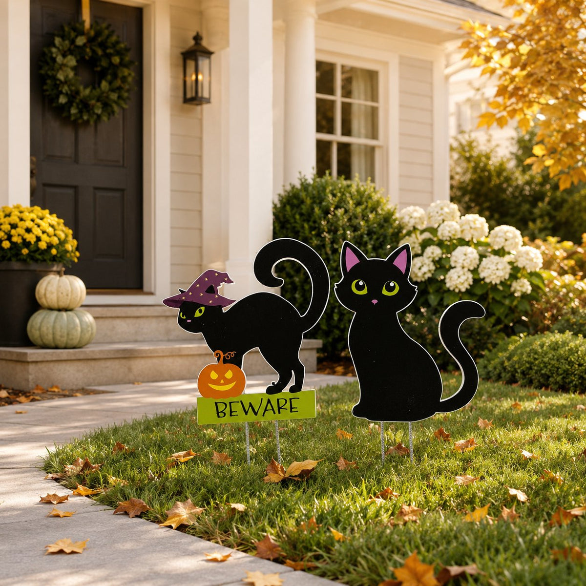 Black Cats Halloween Yard Stakes, Outdoor PVC Fall Decor, Set of 2, Stakes Included