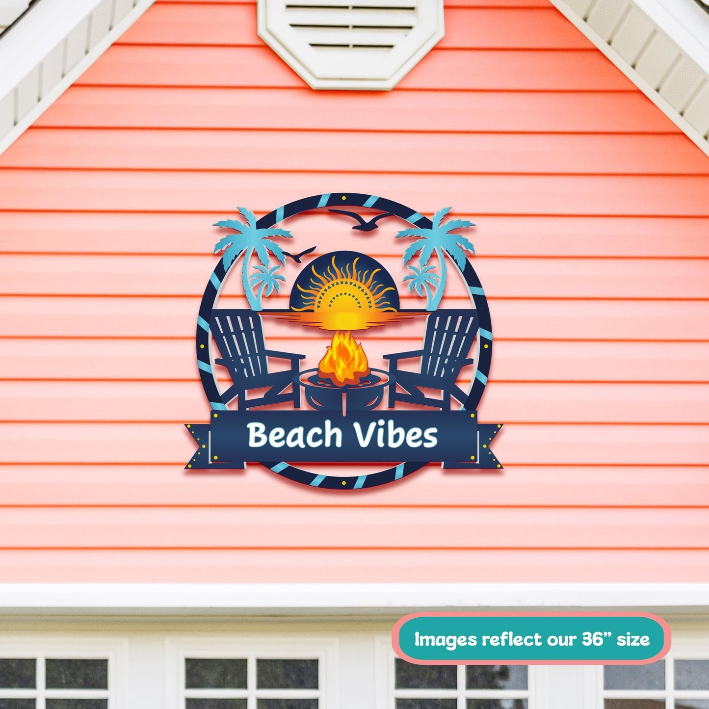 Beach Vibes Outdoor Wall Sign, Coastal Beach House Decor, Round PVC, 3 Foot