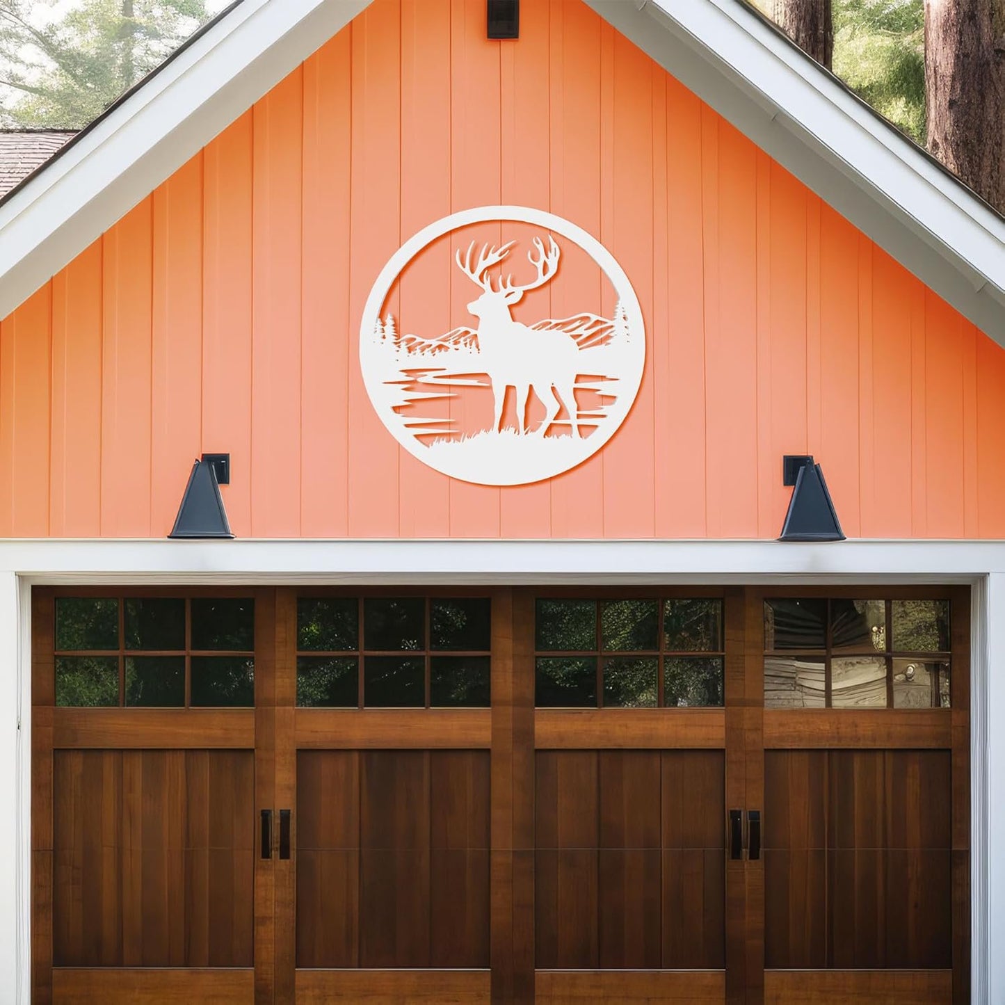 Outdoor Deer Wall Art  Deer Decor for Cabin, Lodge, or Rustic Home Exterior, PVC Wilderness Sign with Mountains and Pine Trees, 36 Inch Round