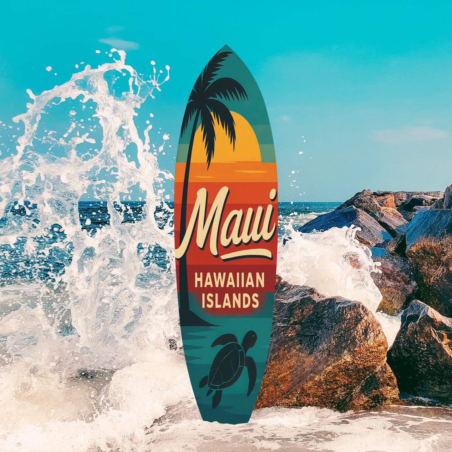 Maui Hawaiian Islands Surfboard Wall Art — Outdoor PVC Sign, Palm Tree & Sea Turtle, Weatherproof Coastal Beach House Decor, Multiple Sizes