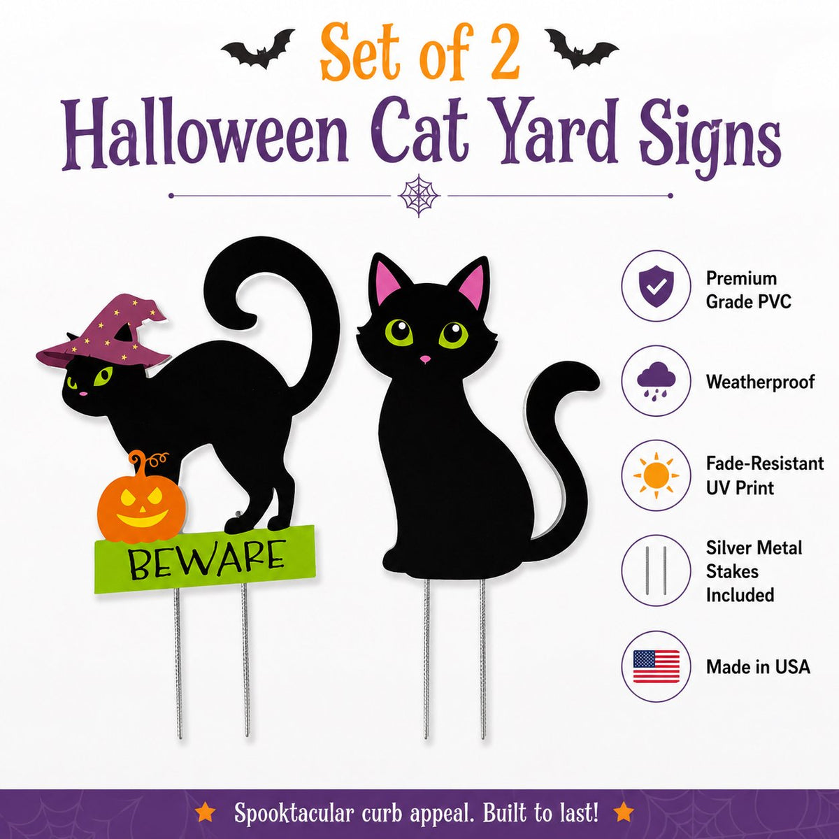 Black Cats Halloween Yard Stakes, Outdoor PVC Fall Decor, Set of 2, Stakes Included