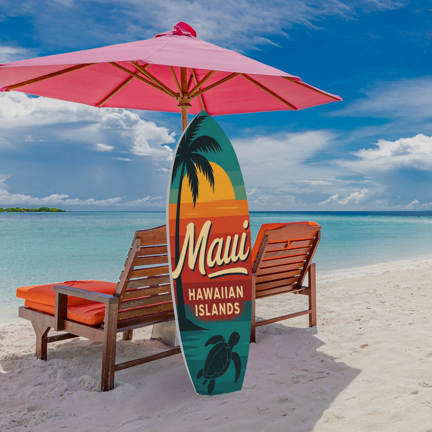 Maui Hawaiian Islands Surfboard Wall Art — Outdoor PVC Sign, Palm Tree & Sea Turtle, Weatherproof Coastal Beach House Decor, Multiple Sizes