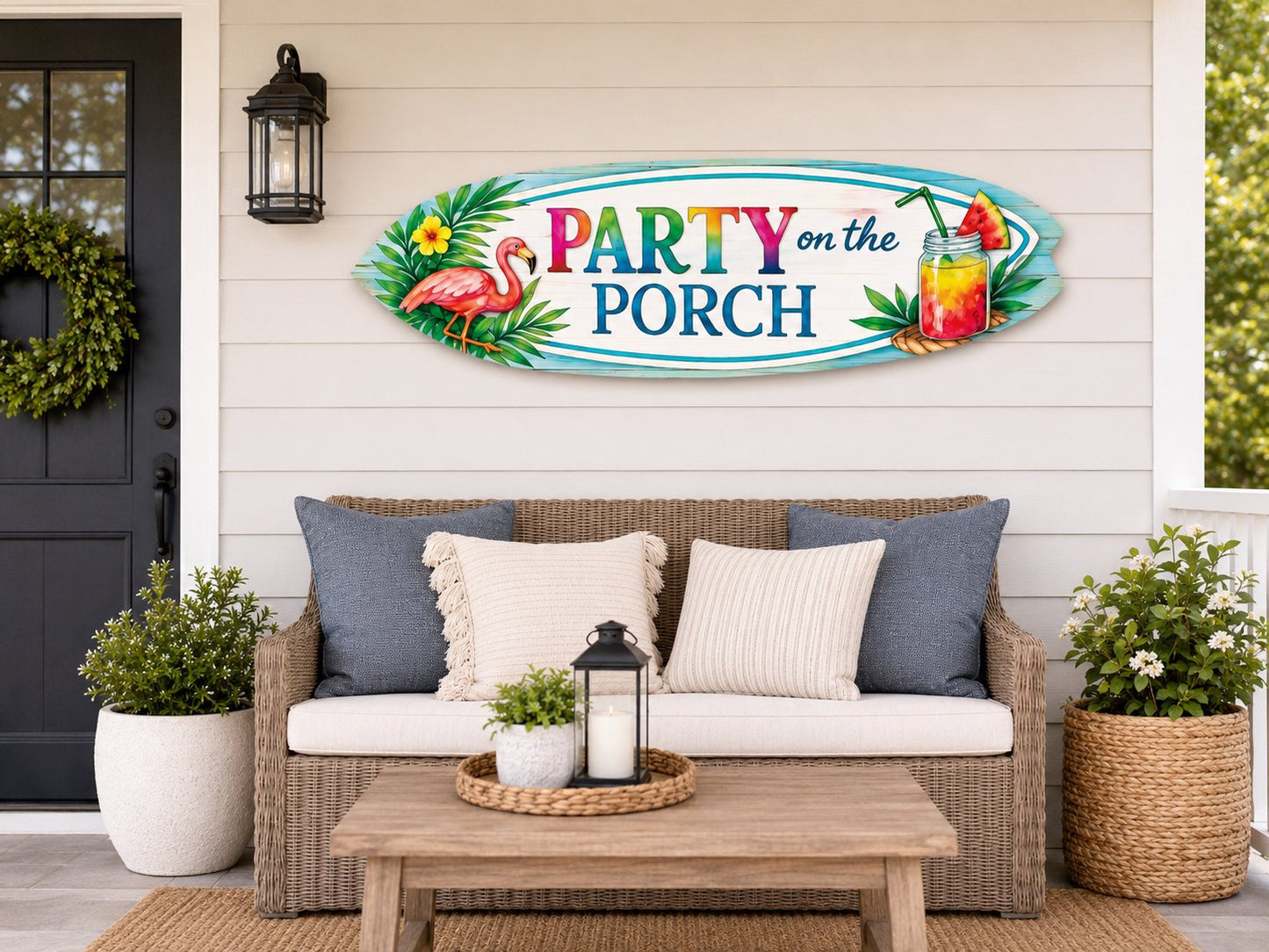 Party on the Porch Surfboard Wall Art – Indoor Outdoor PVC Porch Decor, Tropical Patio Sign, Flamingo Summer Decor