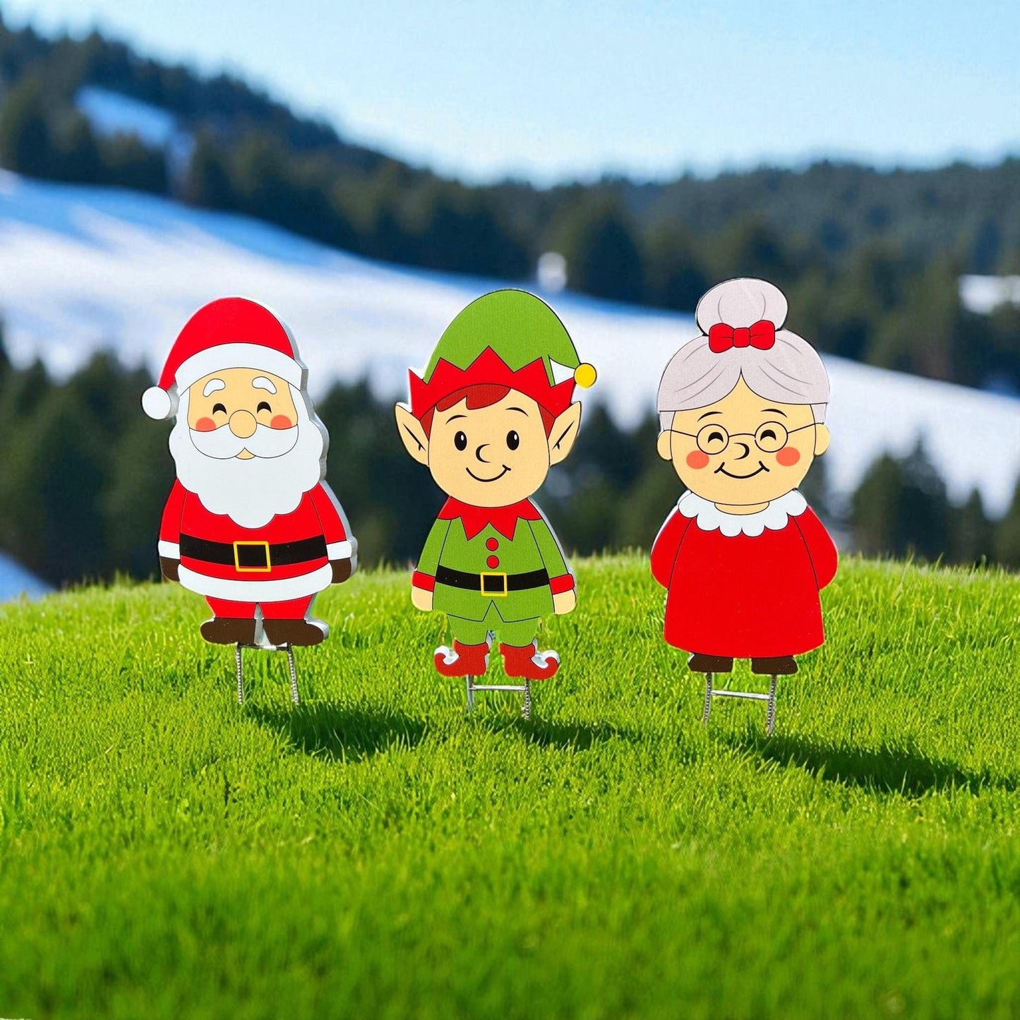 Christmas Yard Stakes Set of 3, Santa, Elf & Mrs. Claus, Outdoor Lawn Decor
