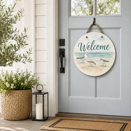 Sandpiper Beach Welcome Sign | Round Coastal Door & Porch Decor