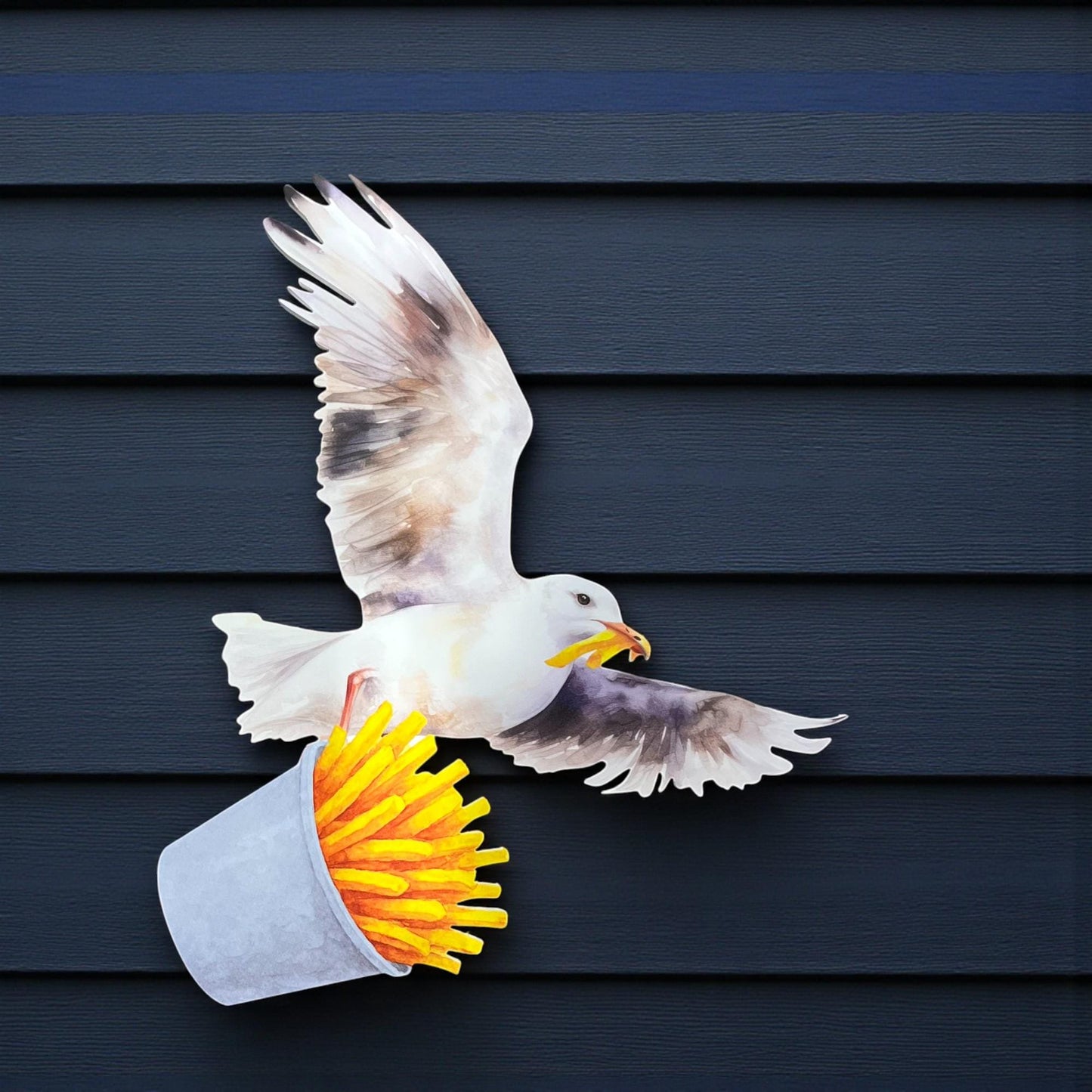 Seagull with French Fries Sign: Outdoor PVC Beach Wall Art, Coastal Decor