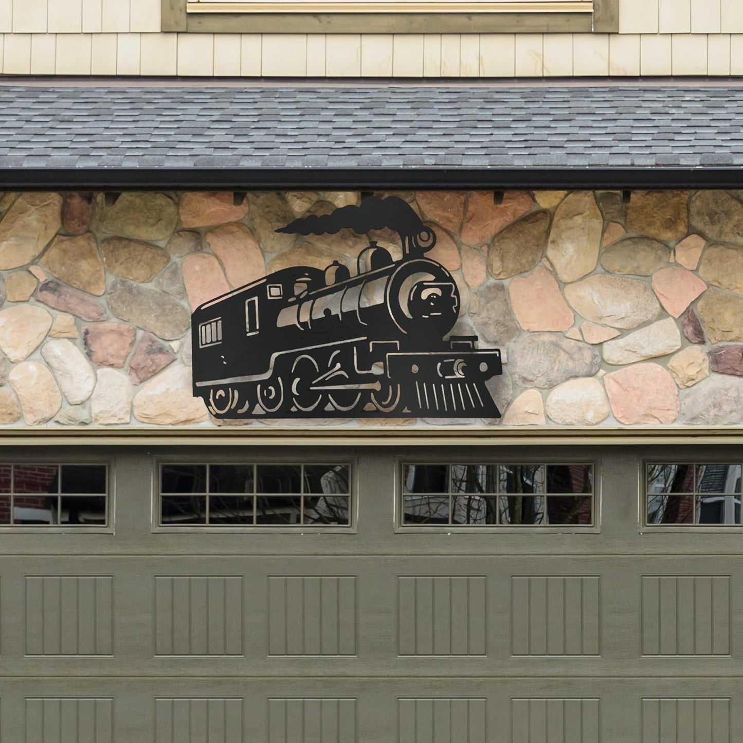 JennyGems Outdoor Train Steam Locomotive Wall Art  Black PVC Railroad Decor  Weatherproof Train Car Sign  Man Cave, Garage, Shed, or Home Decor