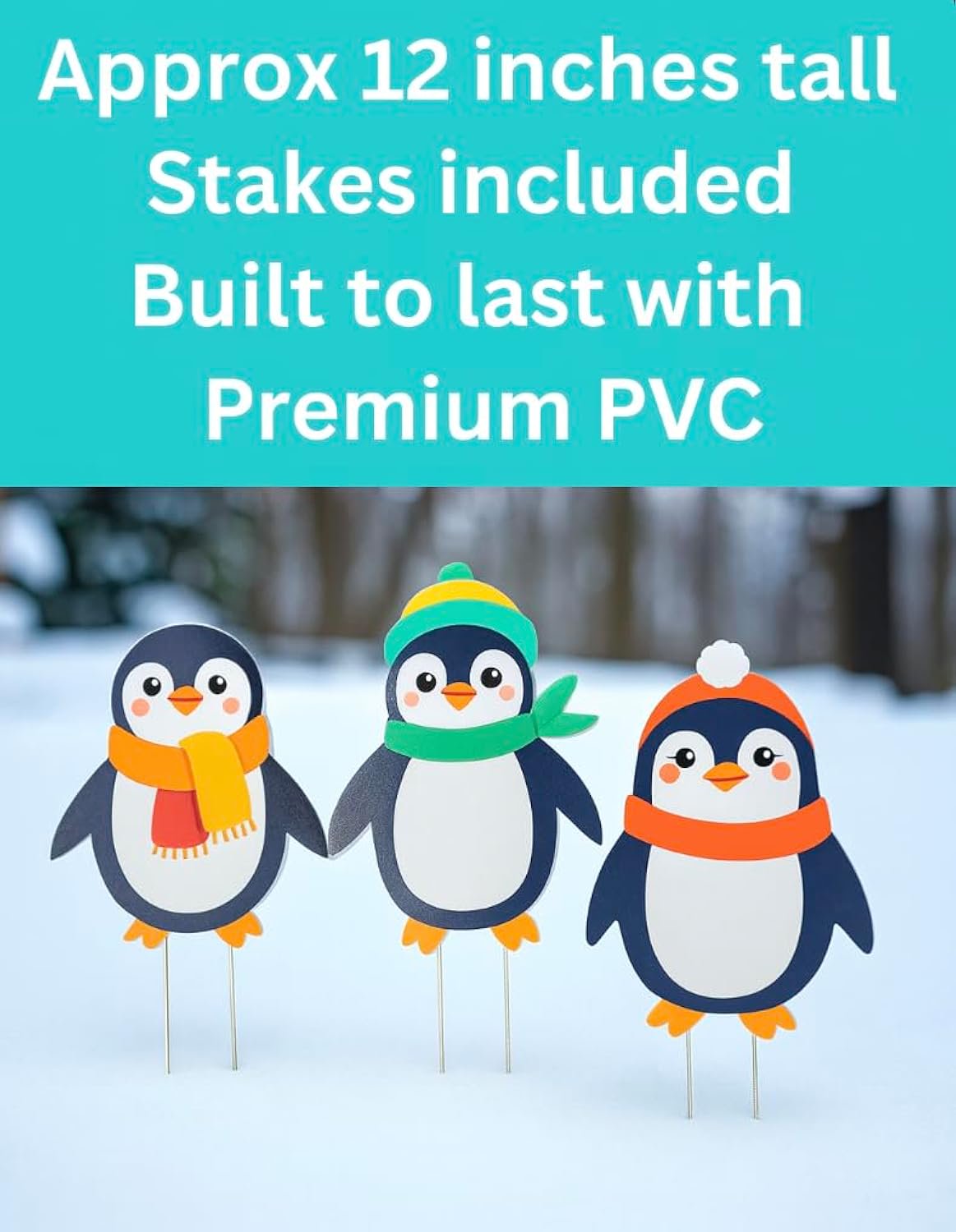 Christmas Penguins Yard Signs Set of 3, Outdoor Holiday Decorations with Stakes