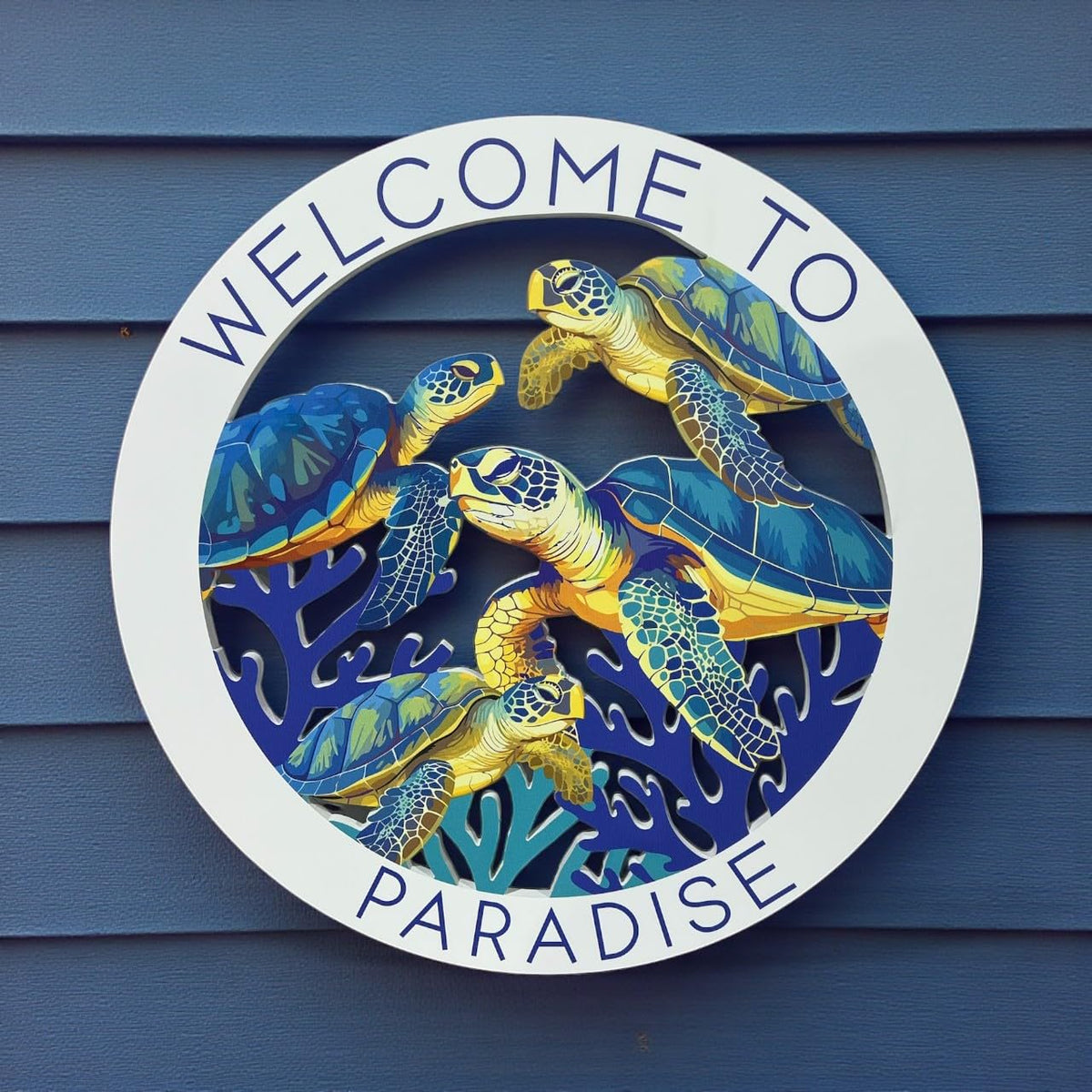 Sea Turtle Welcome to Paradise Sign, Round PVC Beach House Decor, 2-3 FT