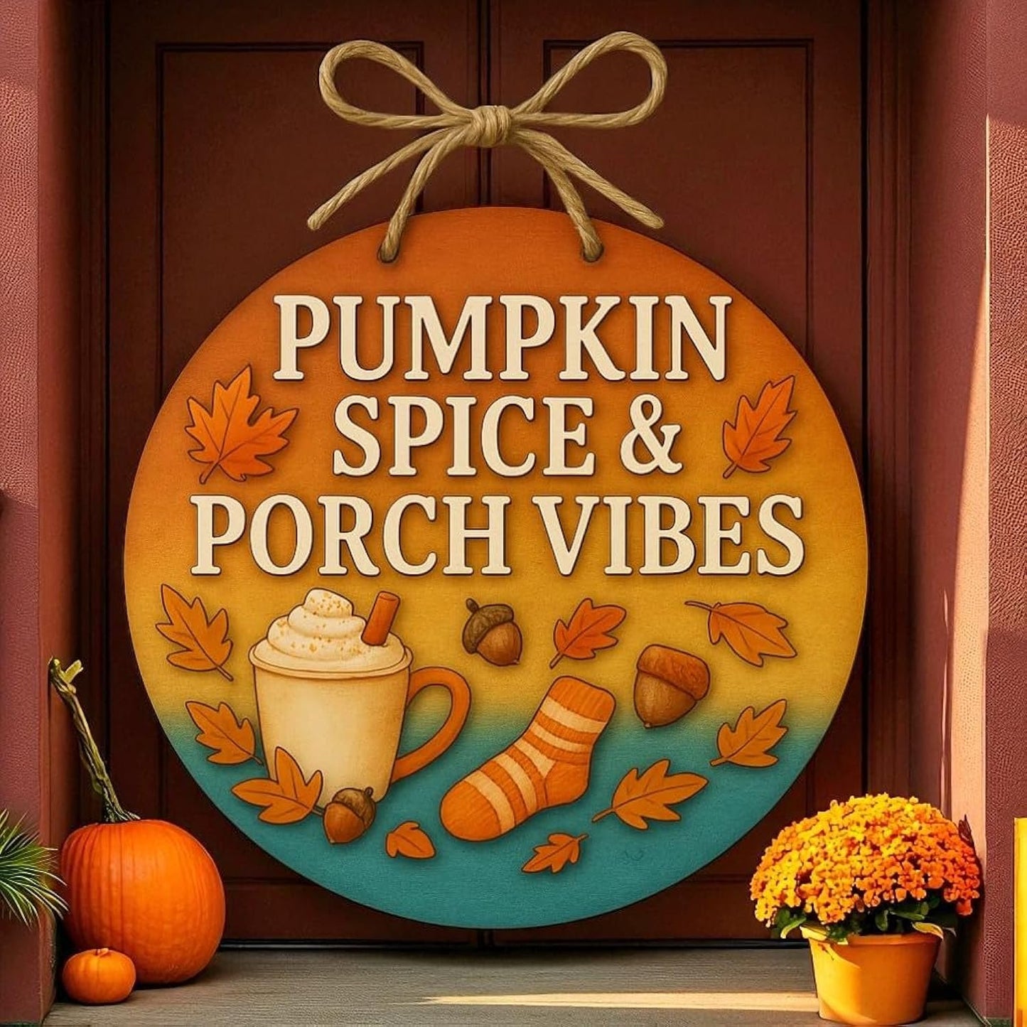 Pumpkin Spice and Porch Vibes Fall Front Door Welcome Sign, Autumn Porch Decor, Outdoor Weather-Resistant PVC Decoration, 16 Inch Round