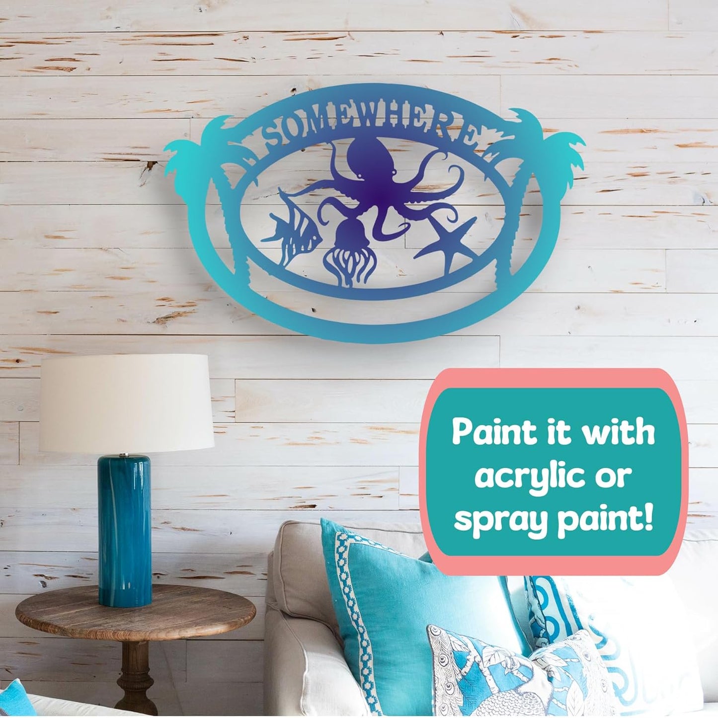 Coastal Beach House Decor, Outdoor PVC Wall Art with Octopus Palm Trees Sea Life, Nautical Decoration for Home, Garage, or Shed